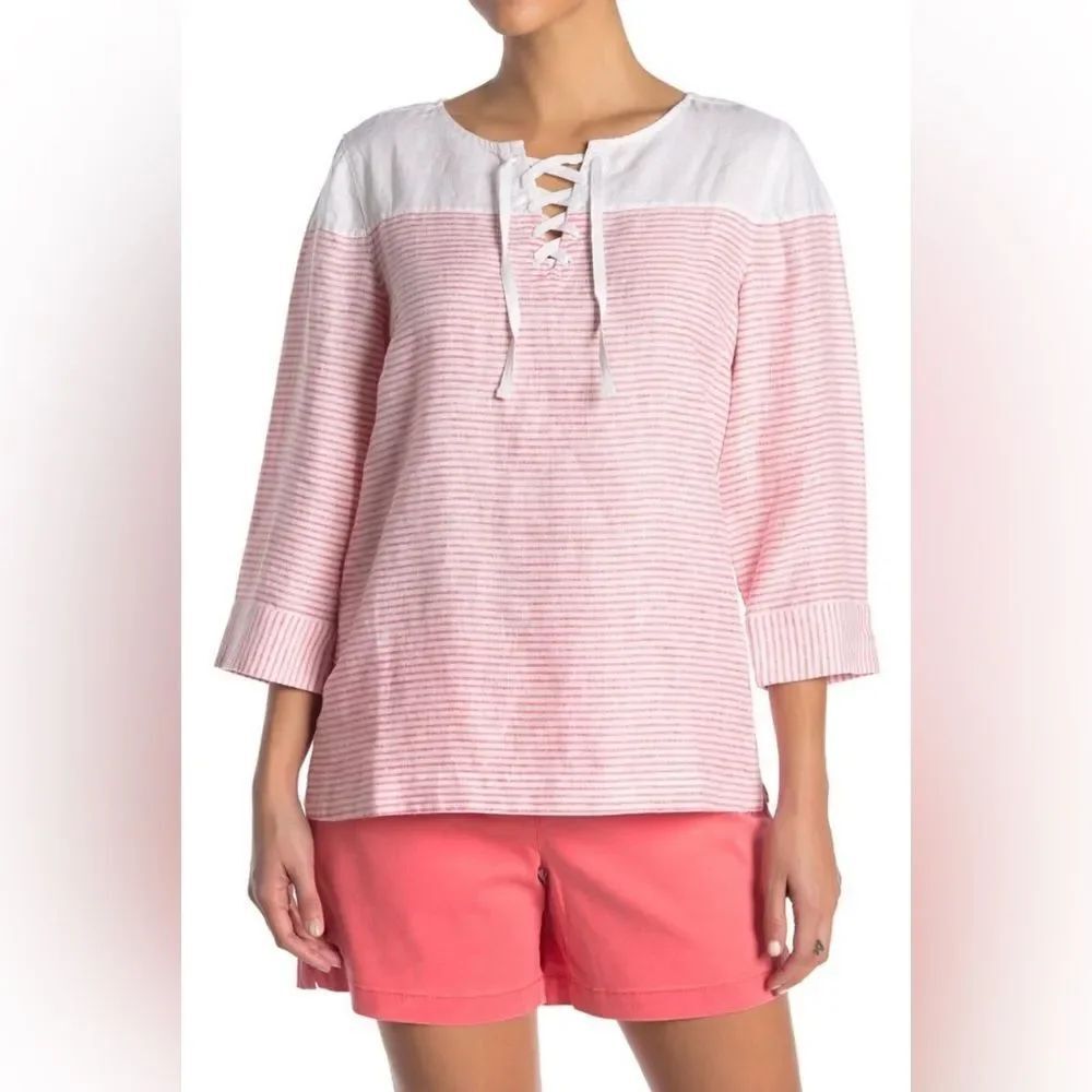 Tommy Bahama Crystalline Waters Lace-Up Linen Top Pink Striped Size XL